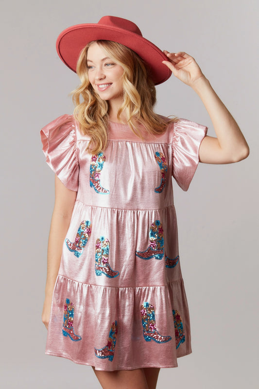 Pink Sequin Cowboy Boot Mini Dress