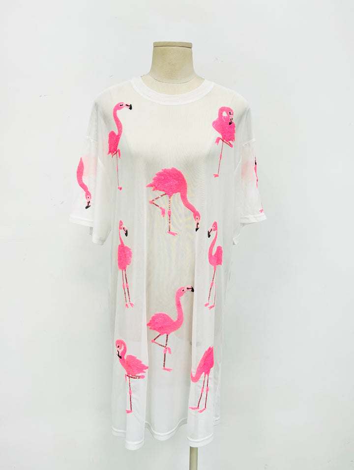 FLIRTY FLAMINGO SEQUIN MESH COVERUP RTS