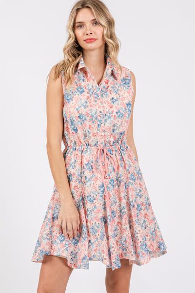 GeeGee Floral Eyelet Zipper Front Puff Sleeve Mini Dress