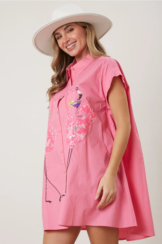 Sequin Flamingo Button Down Dress PINK