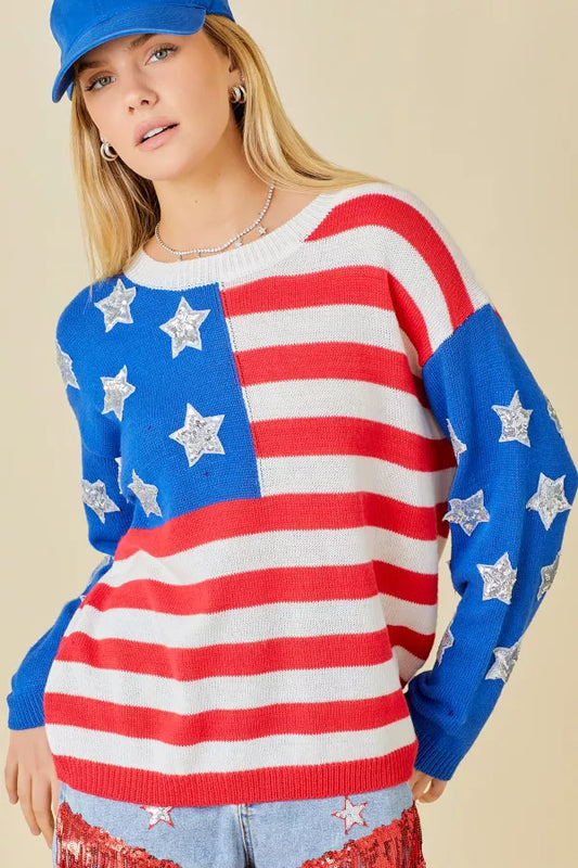 Usa Flag Pullover Top Sequin Stars
