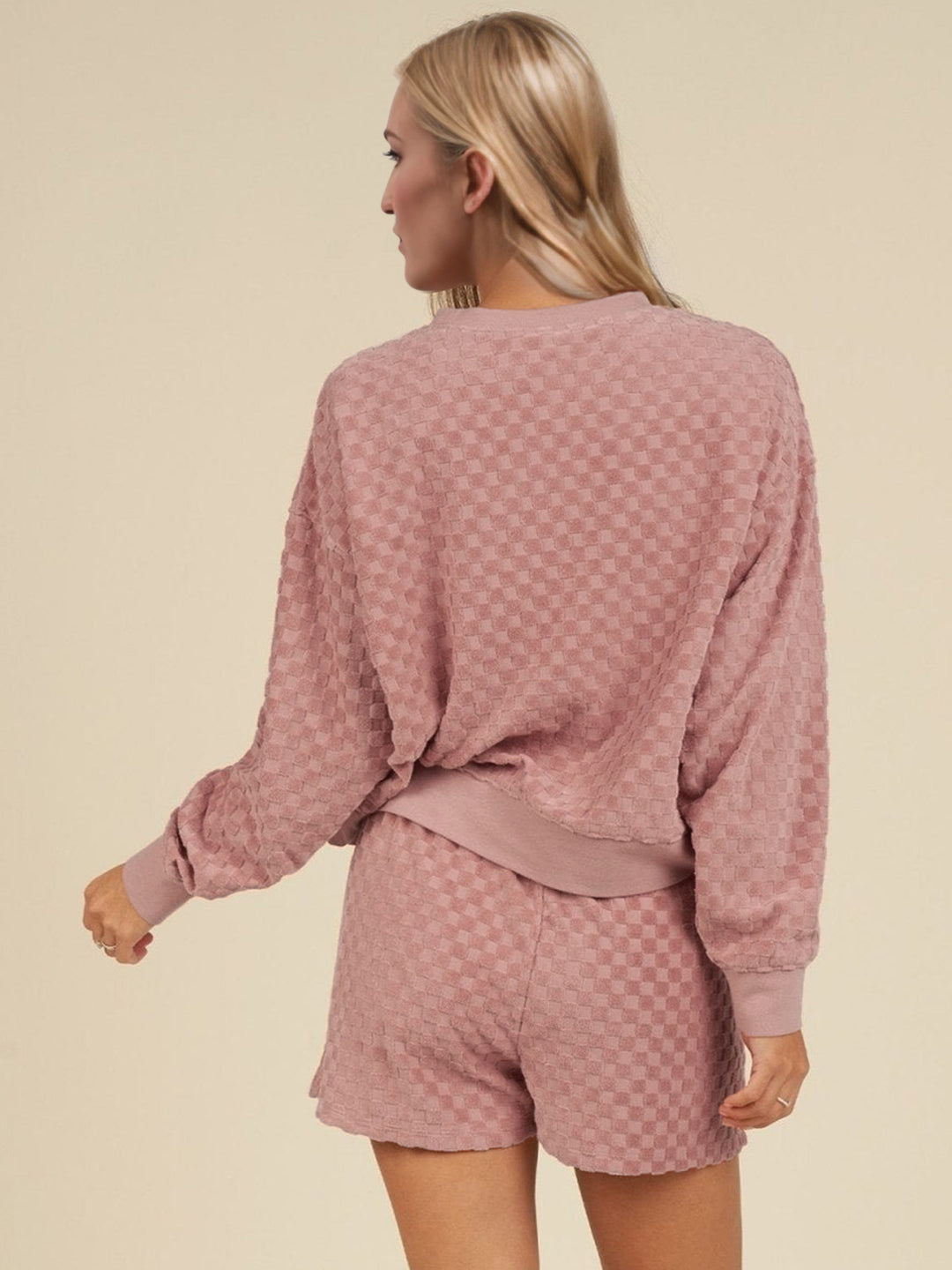 OH Checkered Round Neck Long Sleeve Top and Shorts Set (ships 1-2 weeks)