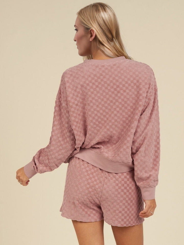 OH Checkered Round Neck Long Sleeve Top and Shorts Set (ships 1-2 weeks)