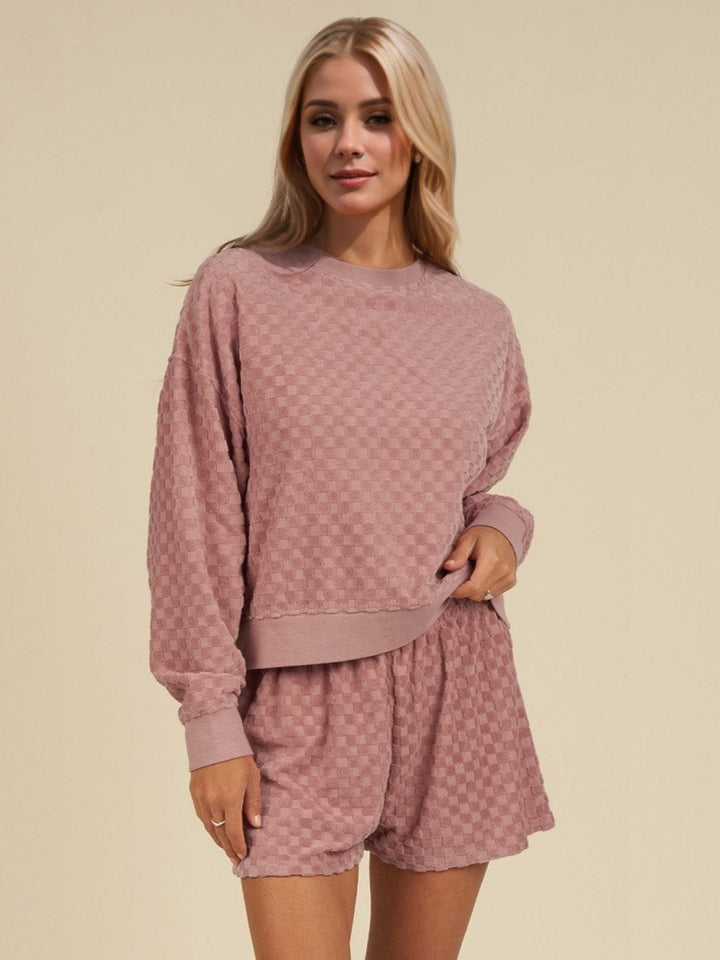 OH Checkered Round Neck Long Sleeve Top and Shorts Set (ships 1-2 weeks)