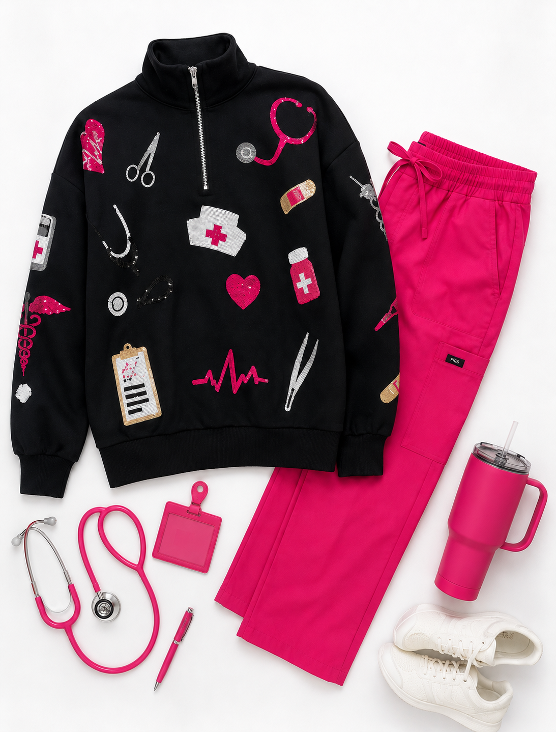 MEDICAL BLACK SEQUIN QUARTER ZIP PULLOVER RTS – Hazel Mae Boutique