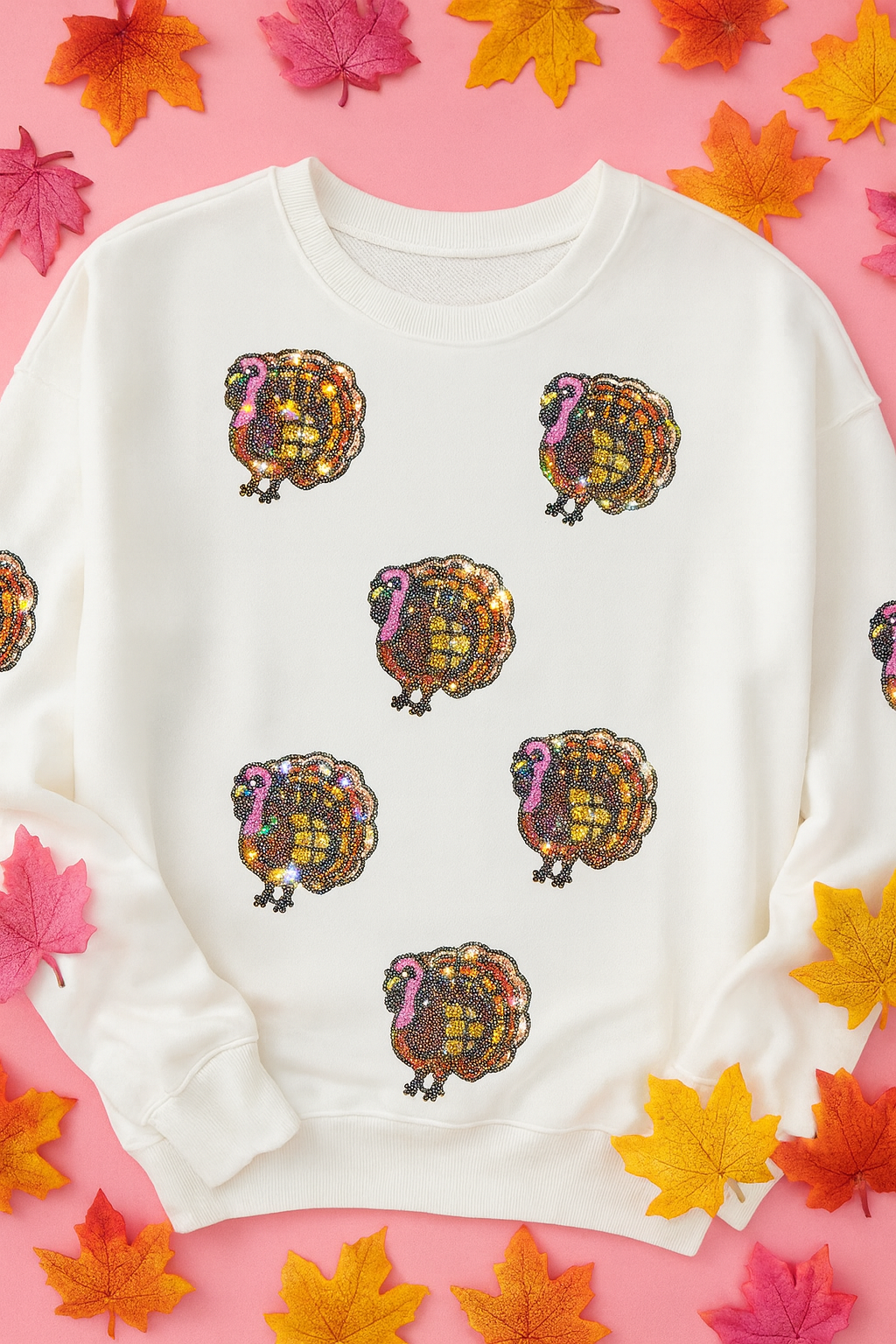 White & Pink Sequin Turkey Pullover (PREORDER)