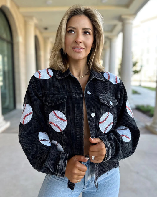 Baseball Corduroy Sequin Jacket BLACK