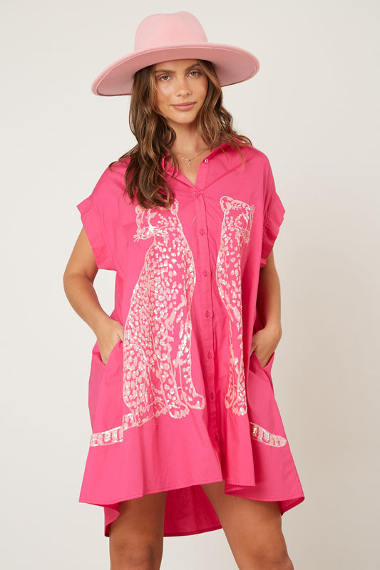 Pink Cheetah Sequin Button Down Dress (short preorder)