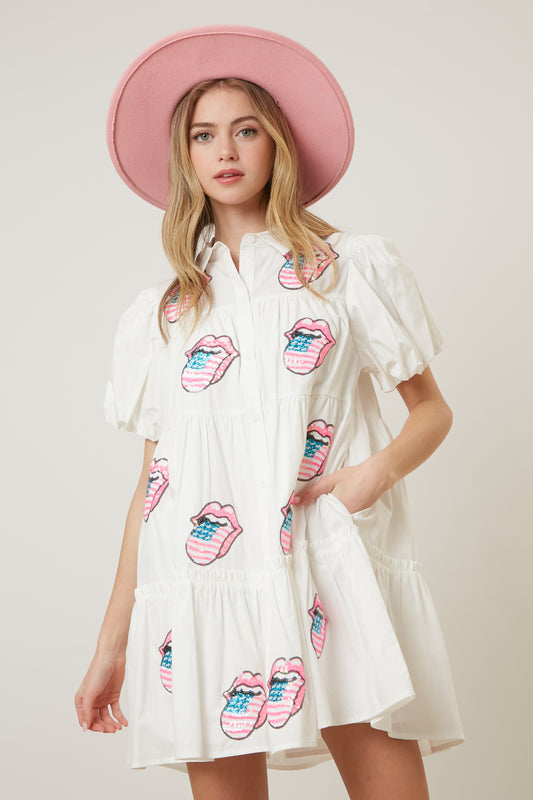 Rolling Stone Sequin Patch Poplin Dress (short preorder) WHITE