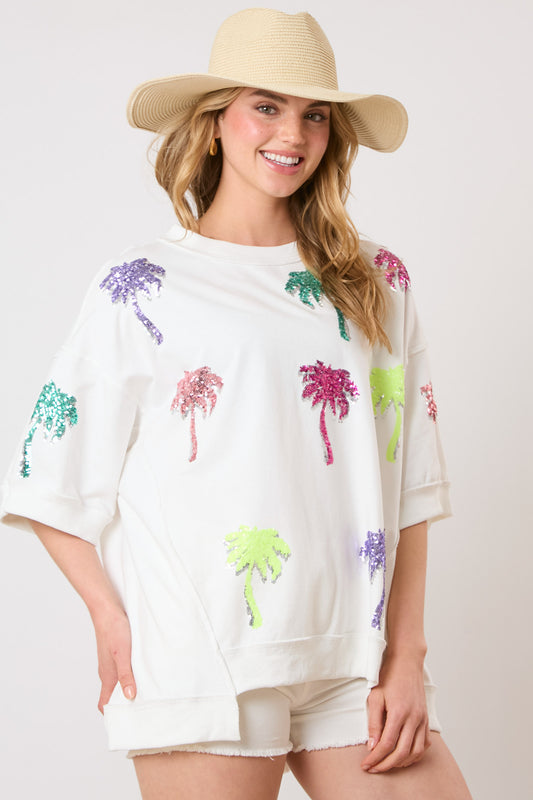 Sequin Neon Palm Tree Top WHITE (short preorder)