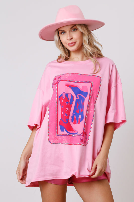 Card Cowboy Boot Rhinestone Hot Pink Top