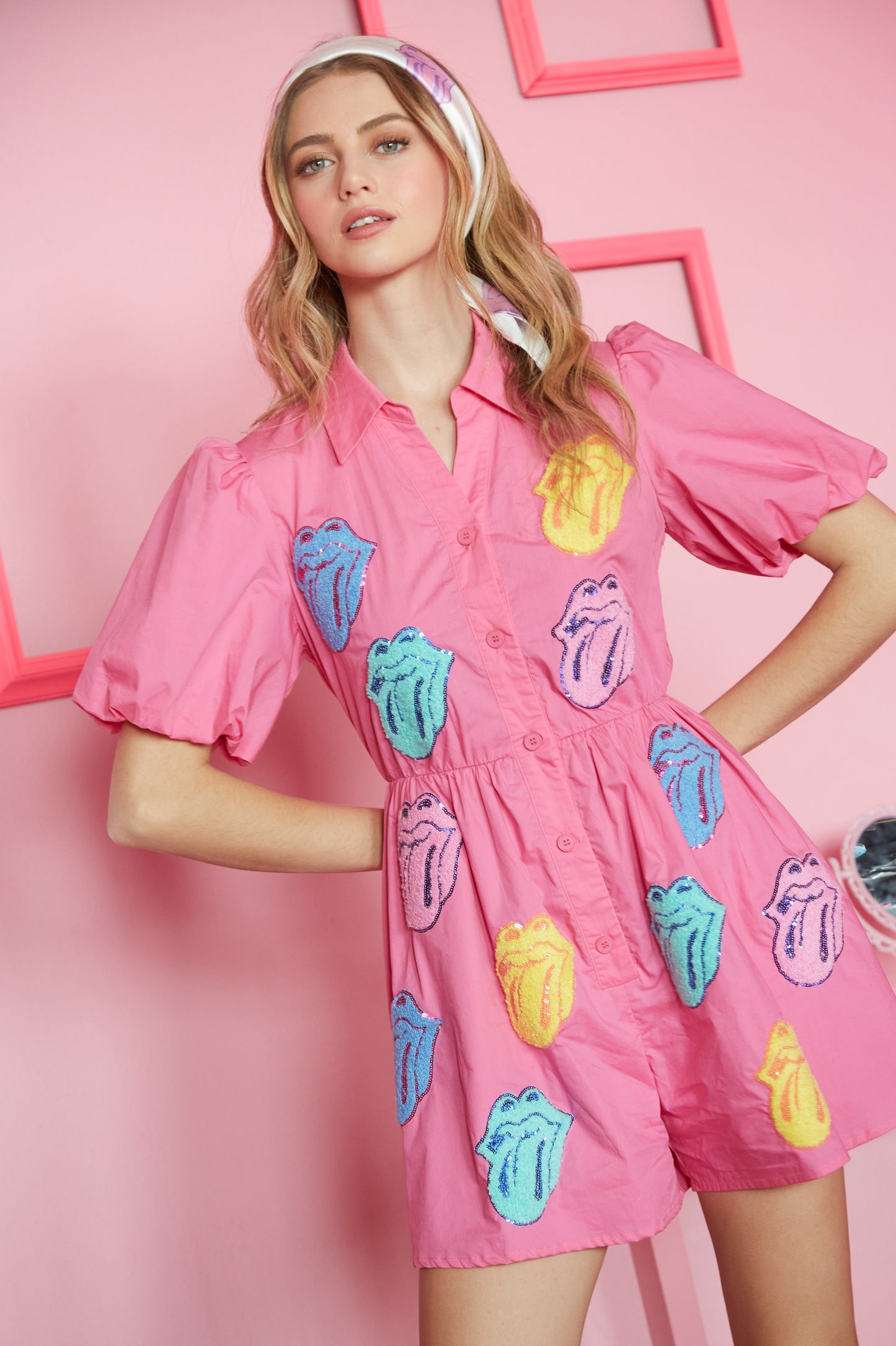 Rolling Stone Bright Pink Patch Romper (short preorder)