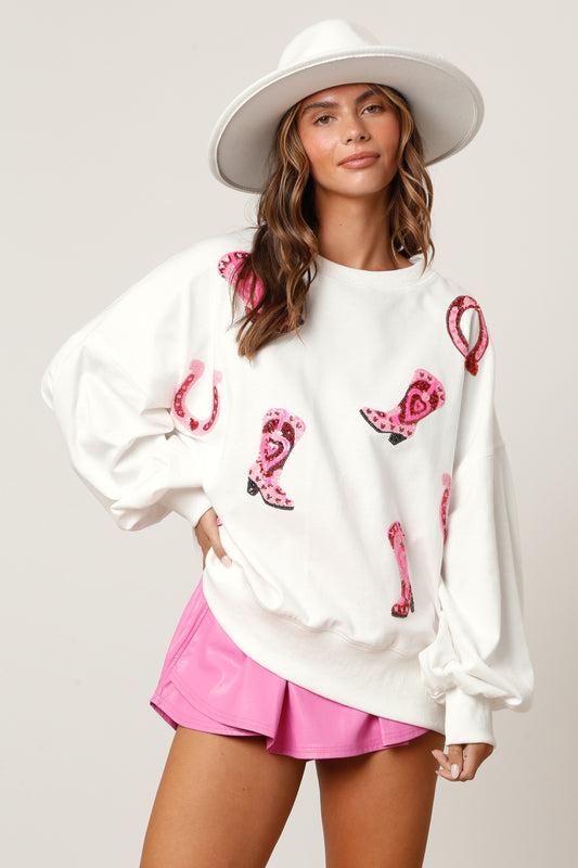 White Oversized Pullover with Pink Sequin Boots & Hearts