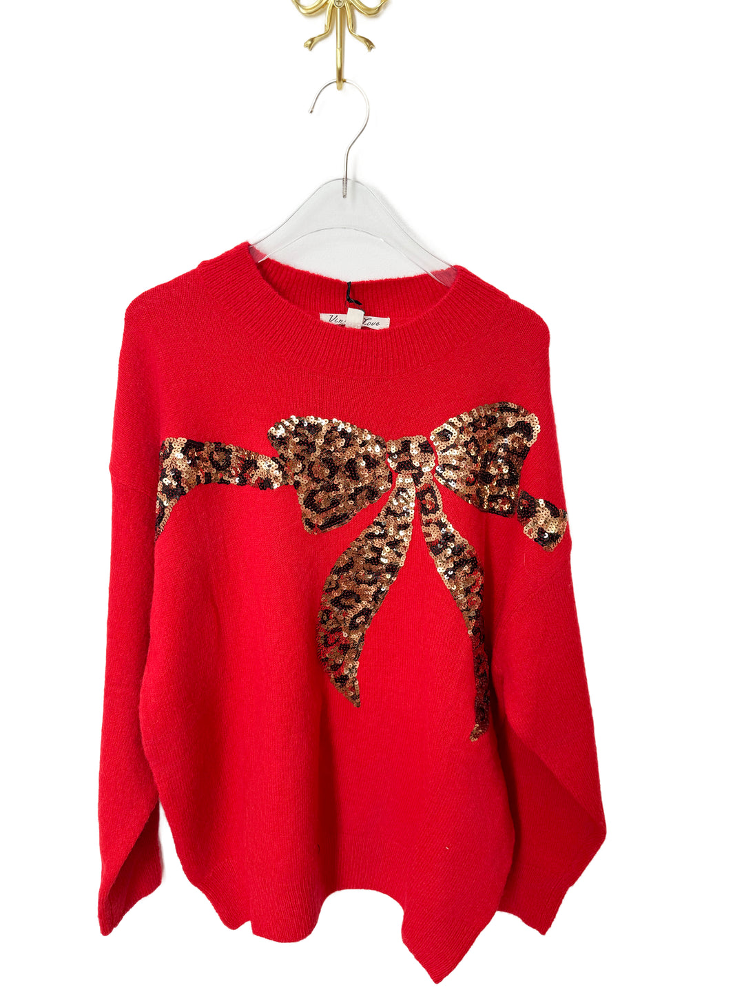 Red Leopard Sequin Bow Sweater ships 1 week