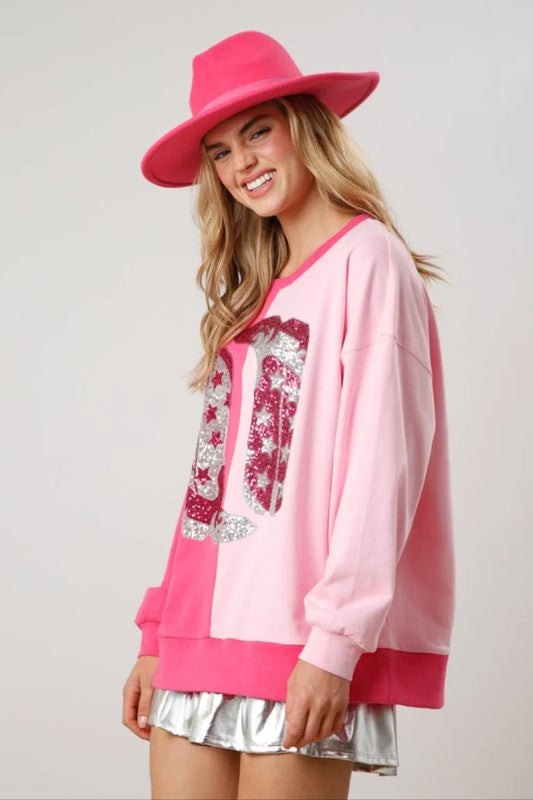 Colorblock Hot Pink & Light Pink Sequin Boot Top
