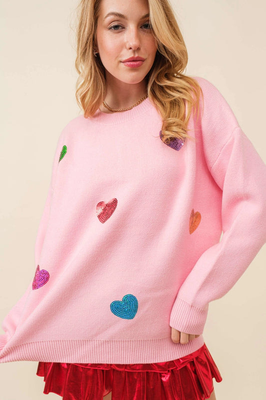 Multicolor Heart Blush Pink Sweater