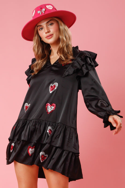 Satin Heart Mini Dress BLACK