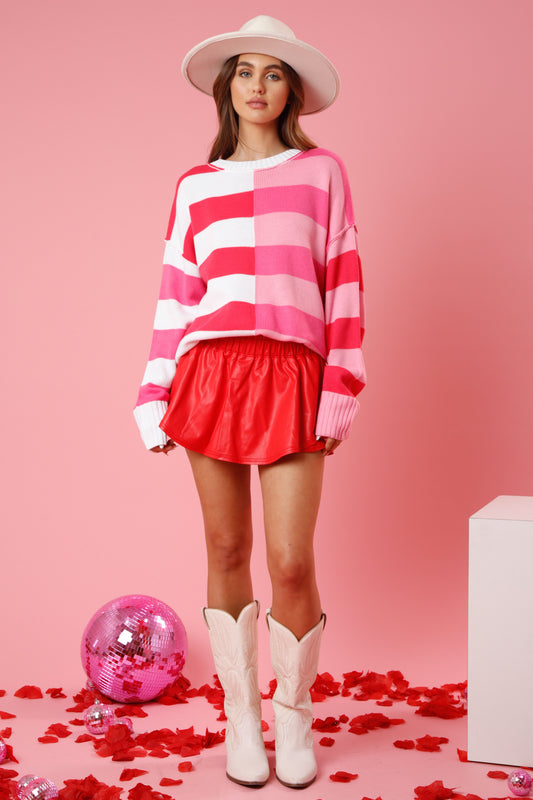 Colorblock Pink White & Red Sweater