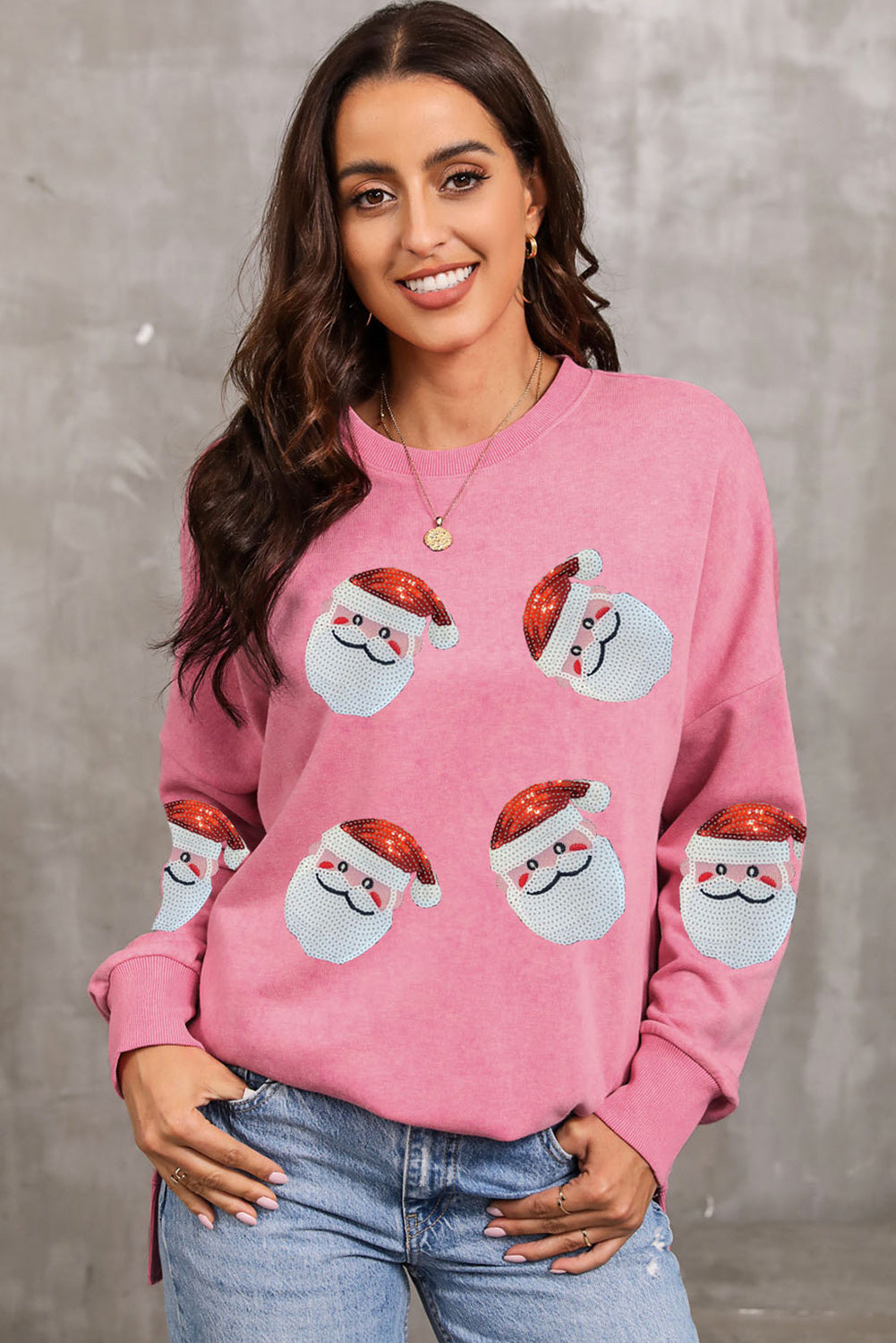 Pink Sequined Santa Clause Graphic Split Sweatshirt ships 2-3 weeks