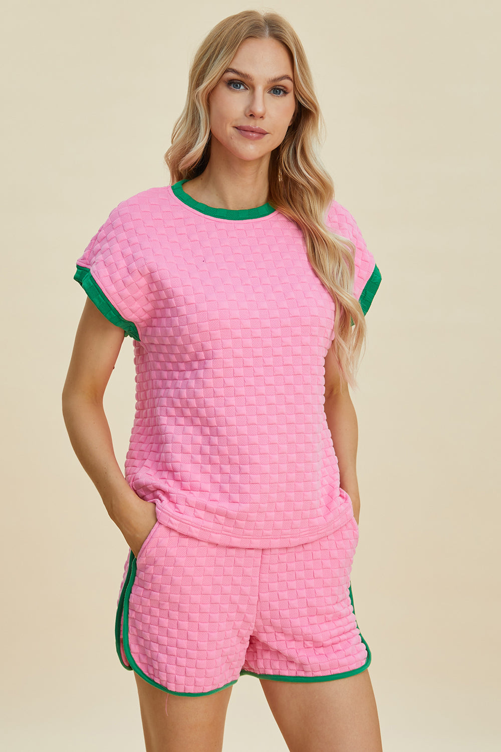 Pink ColorBlock texture Contrast T-Shirt and Shorts Set (ships 1-2 weeks)