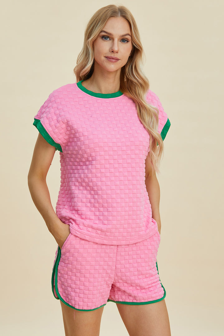 Pink ColorBlock texture Contrast T-Shirt and Shorts Set (ships 1-2 weeks)