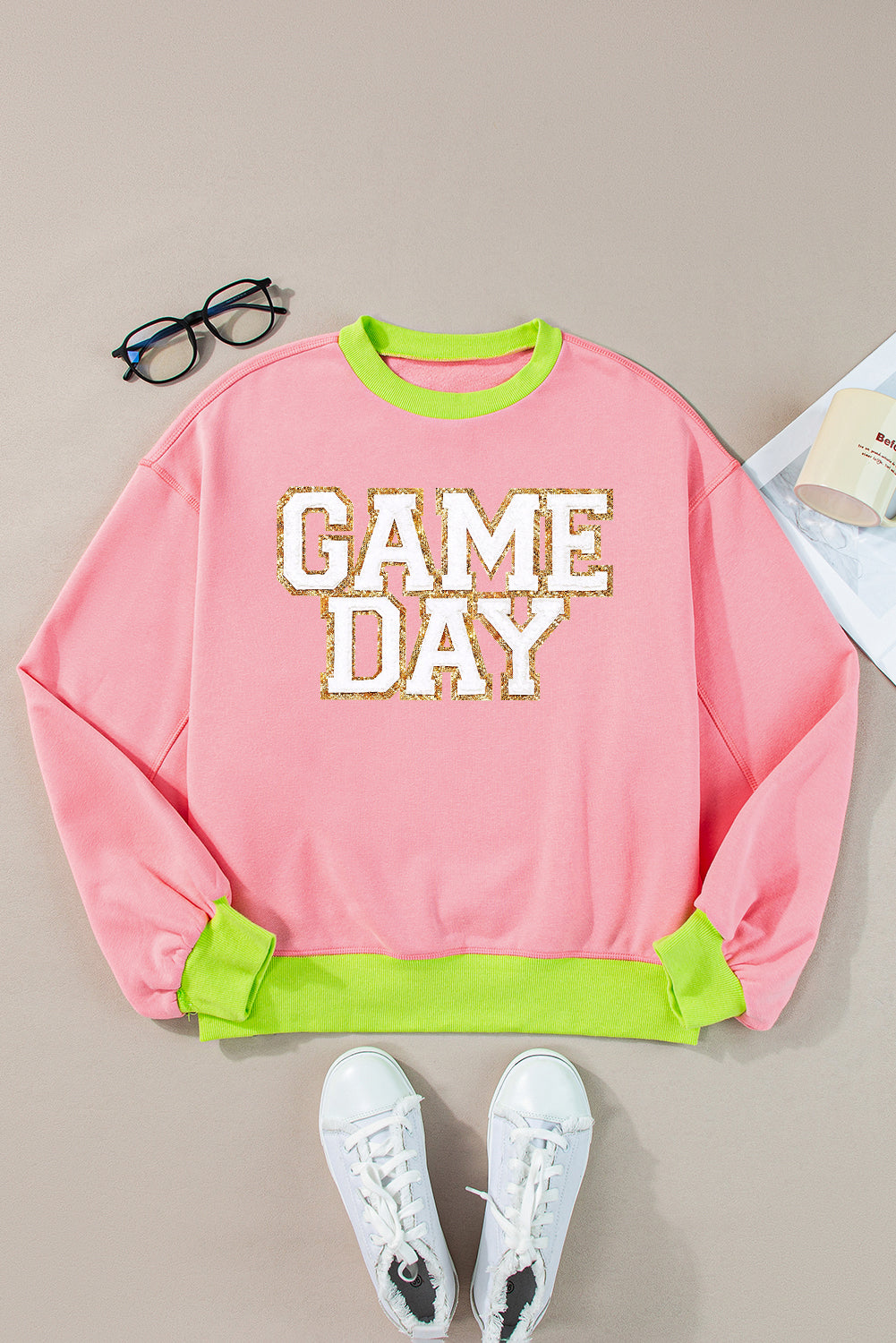 Pink GAME DAY Graphic Color Block Crew Neck Sweatshirt (ships 2-3 weeks)