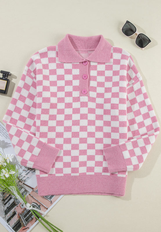 Pink Checkered Collared Neck Long Sleeve Sweater(ships 1-2 weeks)