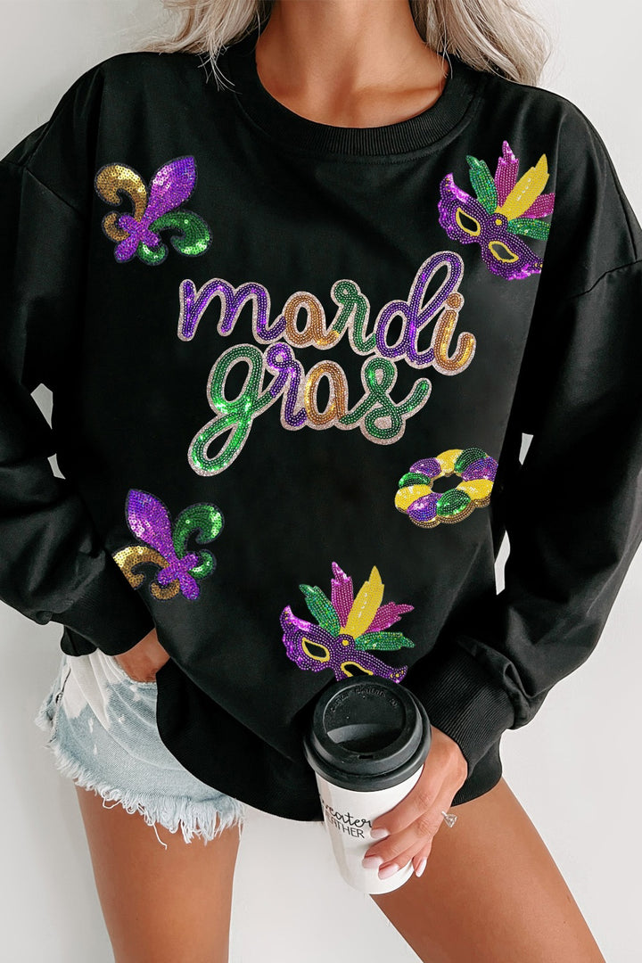 MARDI GRAS Sequin Round Neck Sweatshirt ships 1-2 weeks