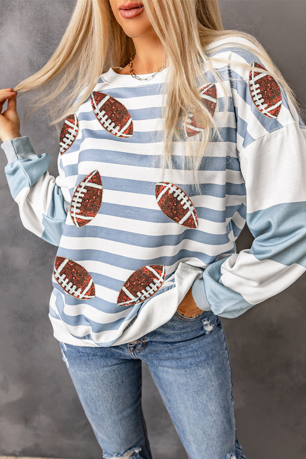 Stripe Sequined Rugby Graphic Round Neck Sweatshirt (ships 2 weeks)