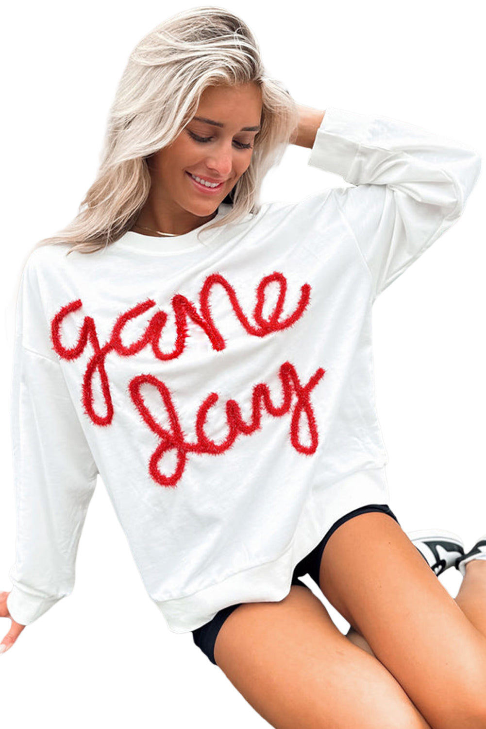 White Tinsel Game Day Drop Shoulder Sweatshirt (ships 1-2 weeks)