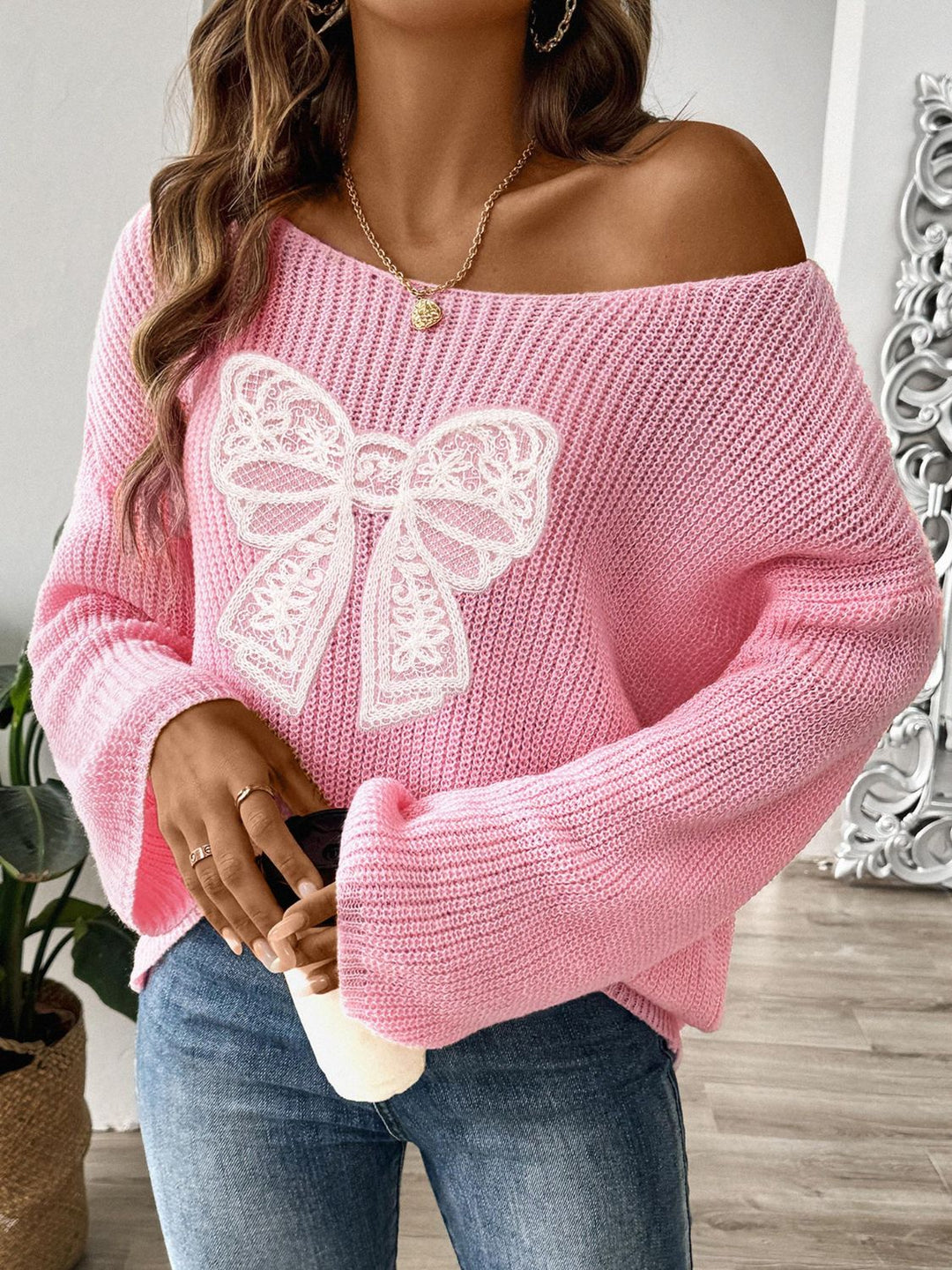 Lace Bow Pink Pullover (ships 1-2 weeks)