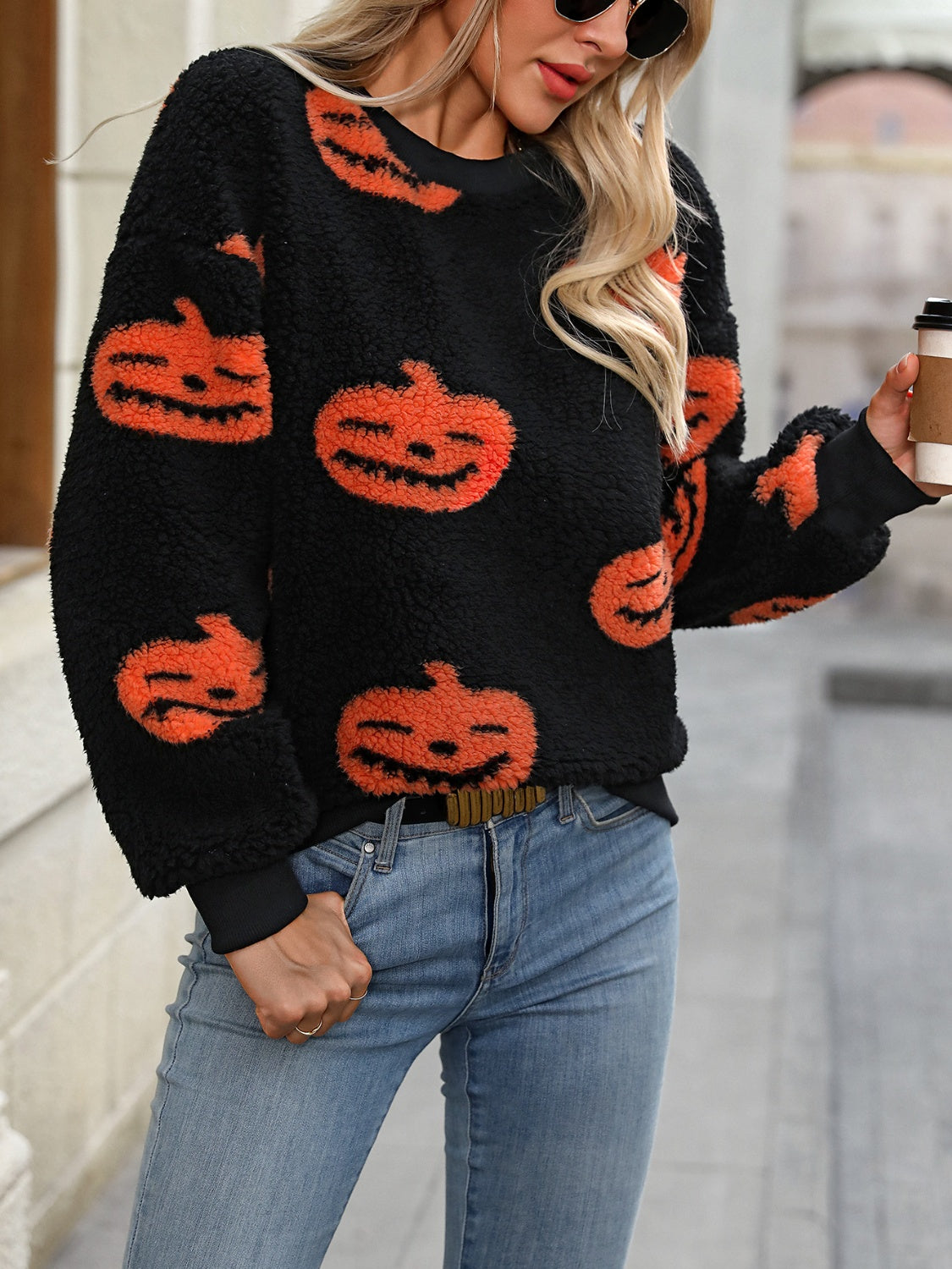 Fuzzy Pumpkin Round Neck Dropped Shoulder Sweater(ships 2-3 weeks)