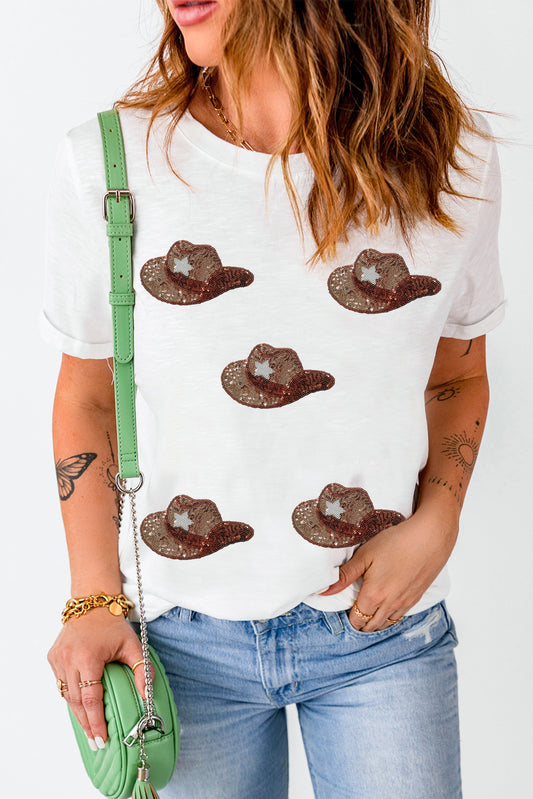 Sequin Hat Round Neck Short Sleeve T-Shirt ships in 1-2 weeks