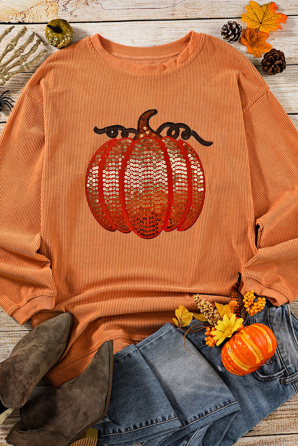 Apricot Crinkle Ribbed Halloween Sequin Pumpkin Graphic Sweatshirt (ships 2 weeks)