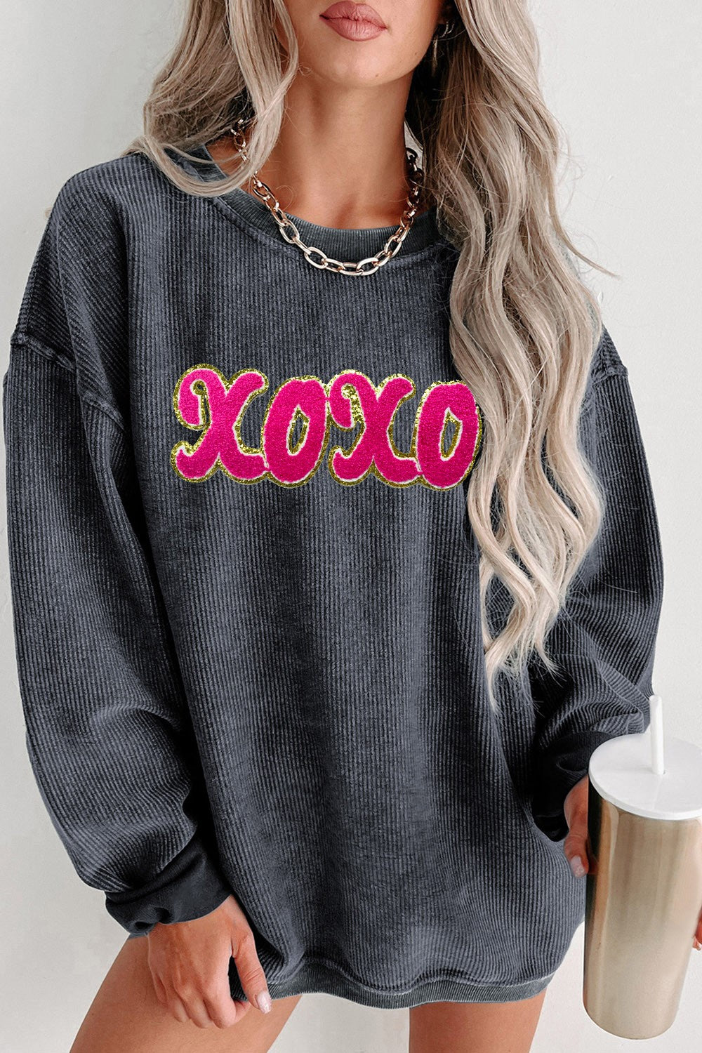 XOXO Sequin Round Neck Dropped Shoulder Sweatshirt ships 2-3 weeks