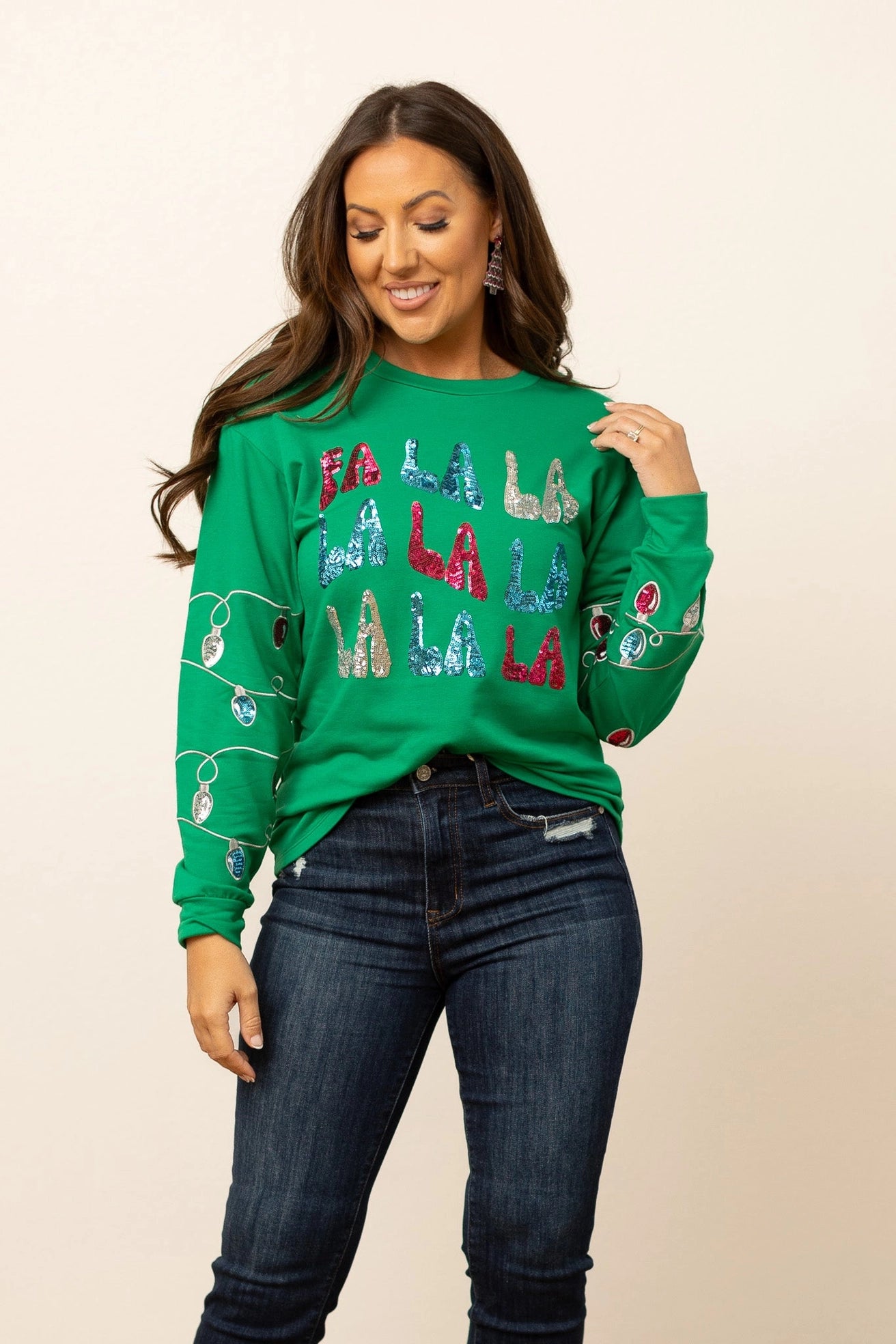 Fa La La La Green Sequin Sweater (ships 1 week)