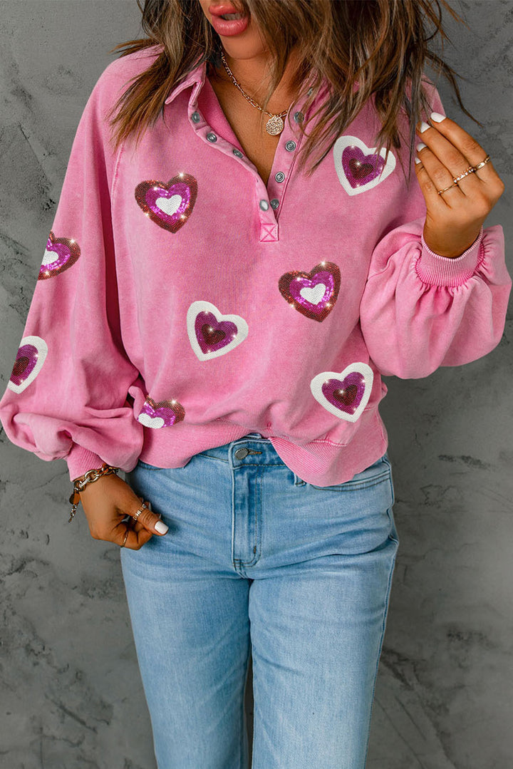 Heart Sequin Half Snap Mineral Wash Sweatshirt (ships 1-2 weeks)