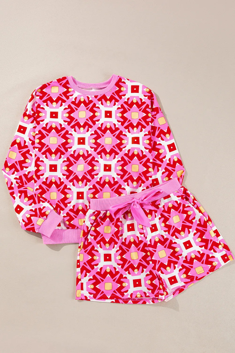 Hot Pink Geometric Round Neck Top and Shorts Set (ships 2-3 weeks)