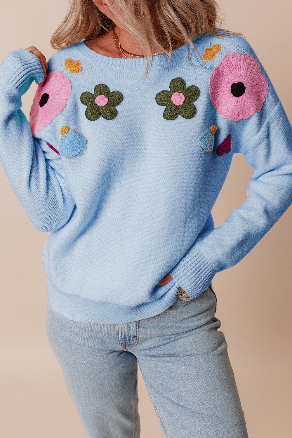 Crochet Flower Round Neck Dropped Shoulder Sweater (ships 1-2 weeks)