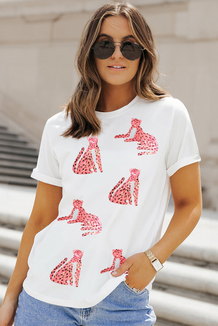 Sequin Leopard Round Neck Short Sleeve T-Shirt (ships 1-2 weeks)