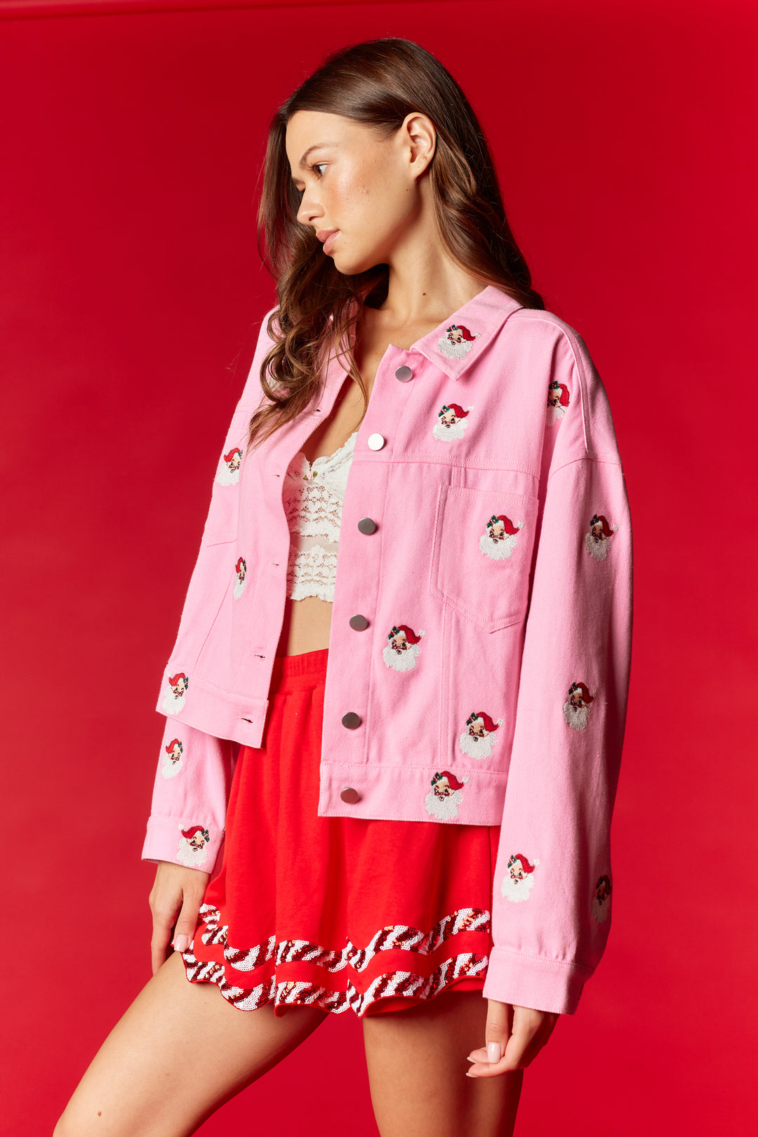 Embroidered Pink & Red Santa Jacket RTS