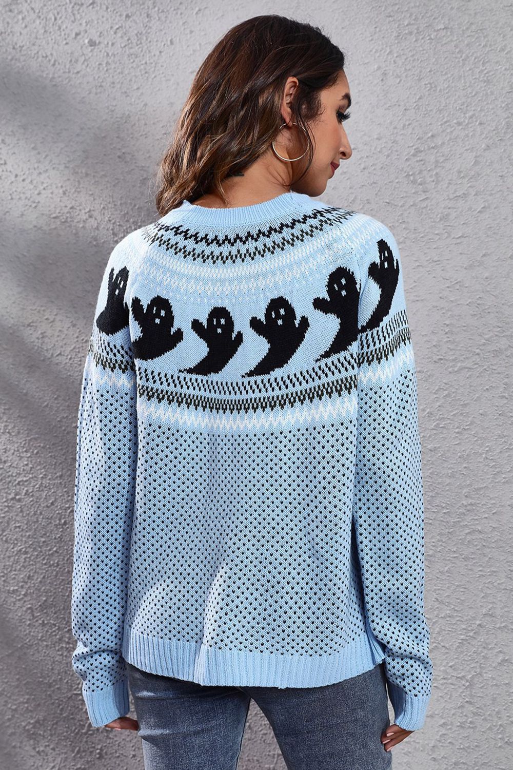 Ghost Pattern Round Neck Long Sleeve Sweater (ships in 2 weeks)