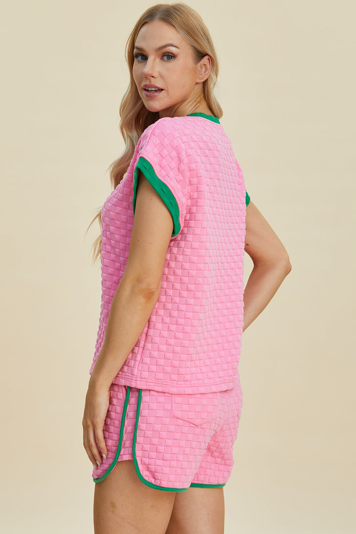 Pink ColorBlock texture Contrast T-Shirt and Shorts Set (ships 1-2 weeks)