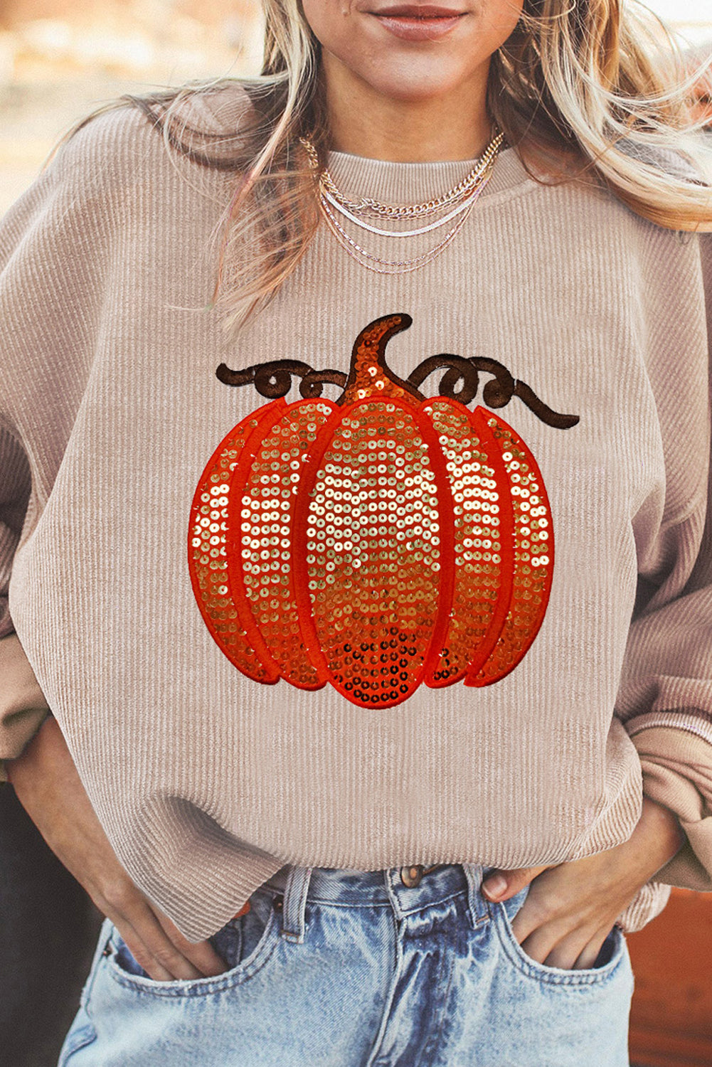 Apricot Crinkle Ribbed Halloween Sequin Pumpkin Graphic Sweatshirt (ships 2 weeks)