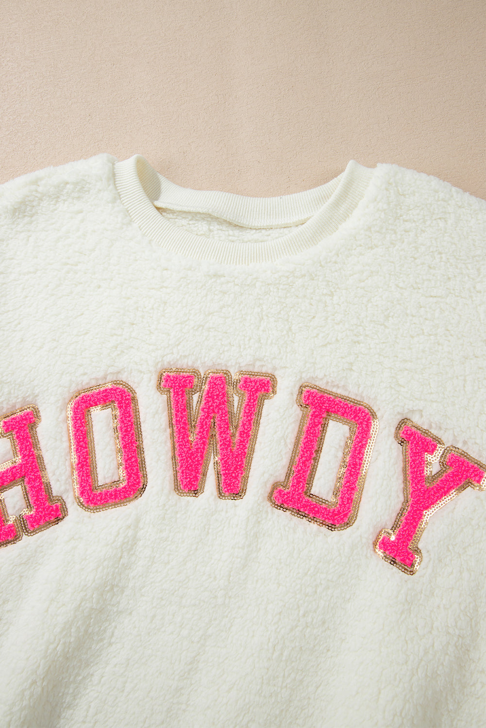 HOWDY Patched Round Neck Sherpa Sweatshirt (ships 1-2 weeks)