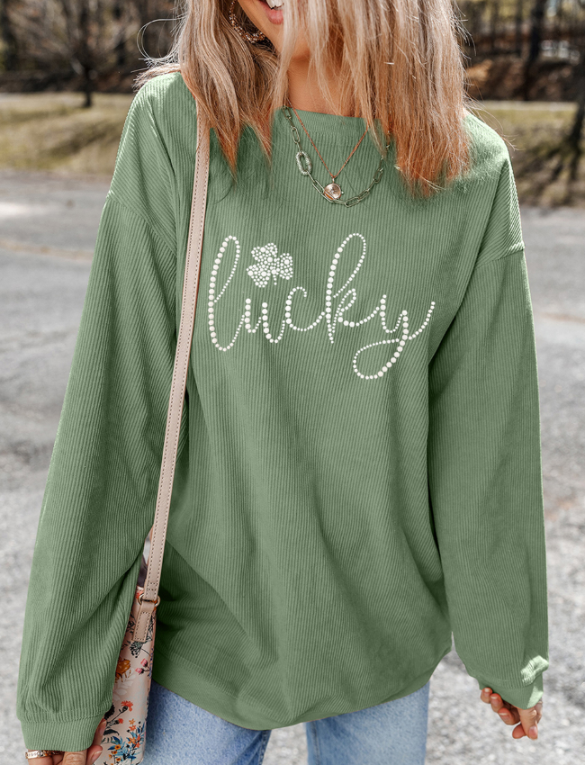 LUCKY Rhinestone Round Neck Long Sleeve Sweatshirt  (ships 2-3 weeks)