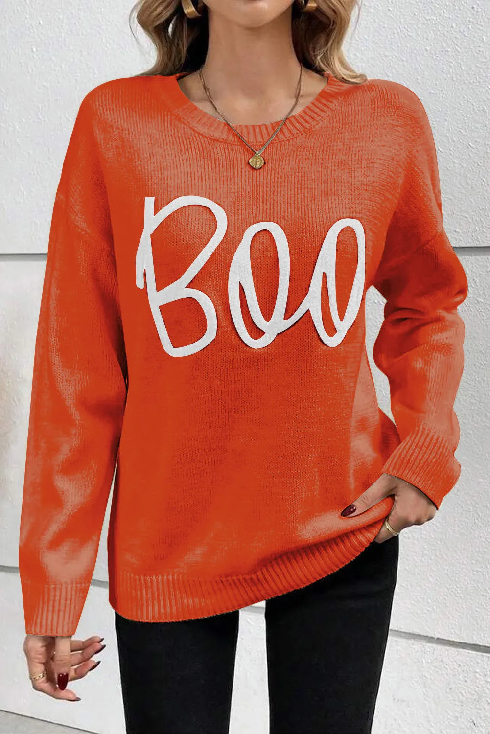 BOO Round Neck Long Sleeve Sweaters ships 2-3 weeks