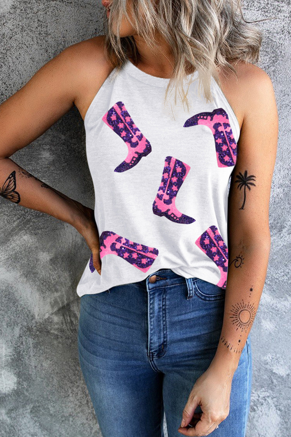 Sequin Boots Print Round Neck Tank ships 1-2 weeks