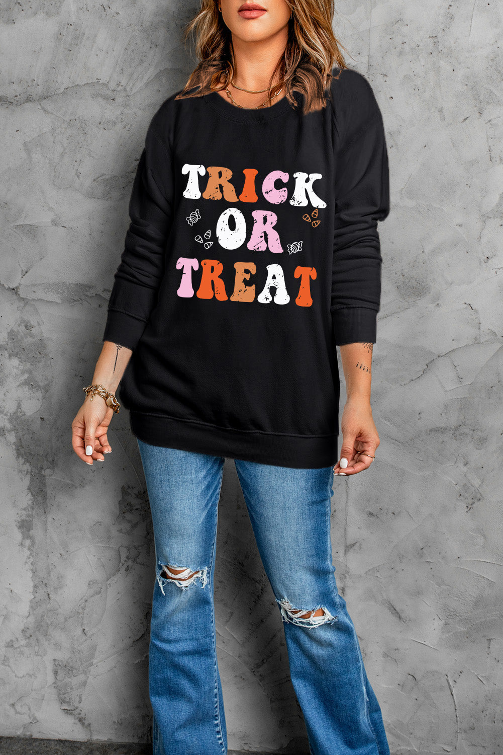 Black Halloween TRICK OR TREAT Graphic Crewneck Sweatshirt(ships 2-3 weeks)