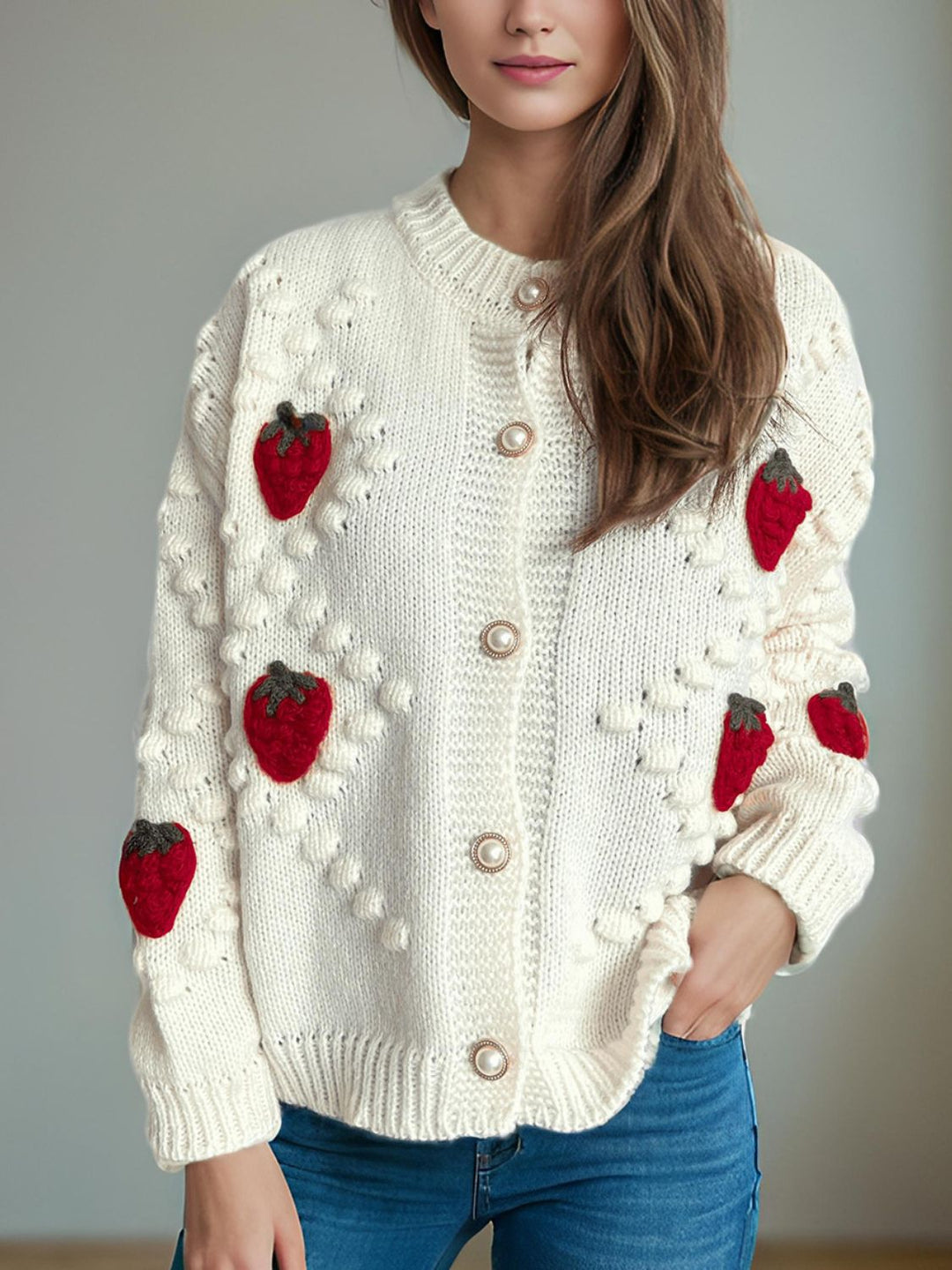 Strawberry Button Down Long Sleeve Cardigan (ships 1-2 weeks)